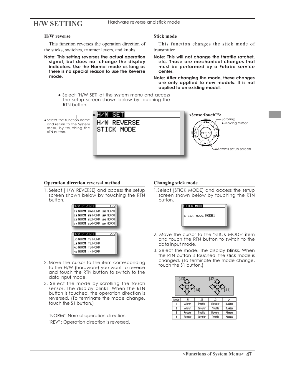 H/w setting, Xqfwlrqvri6\vwhp0hqx, 2shudwlrqgluhfwlrquhyhuvdophwkrg | Kdqjlqjvwlfnprgh | Futaba 8FG 2.4GHz User Manual | Page 47 / 123