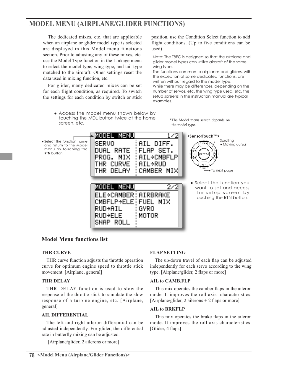 Model menu functions list | Futaba 8FG 2.4GHz User Manual | Page 78 / 123