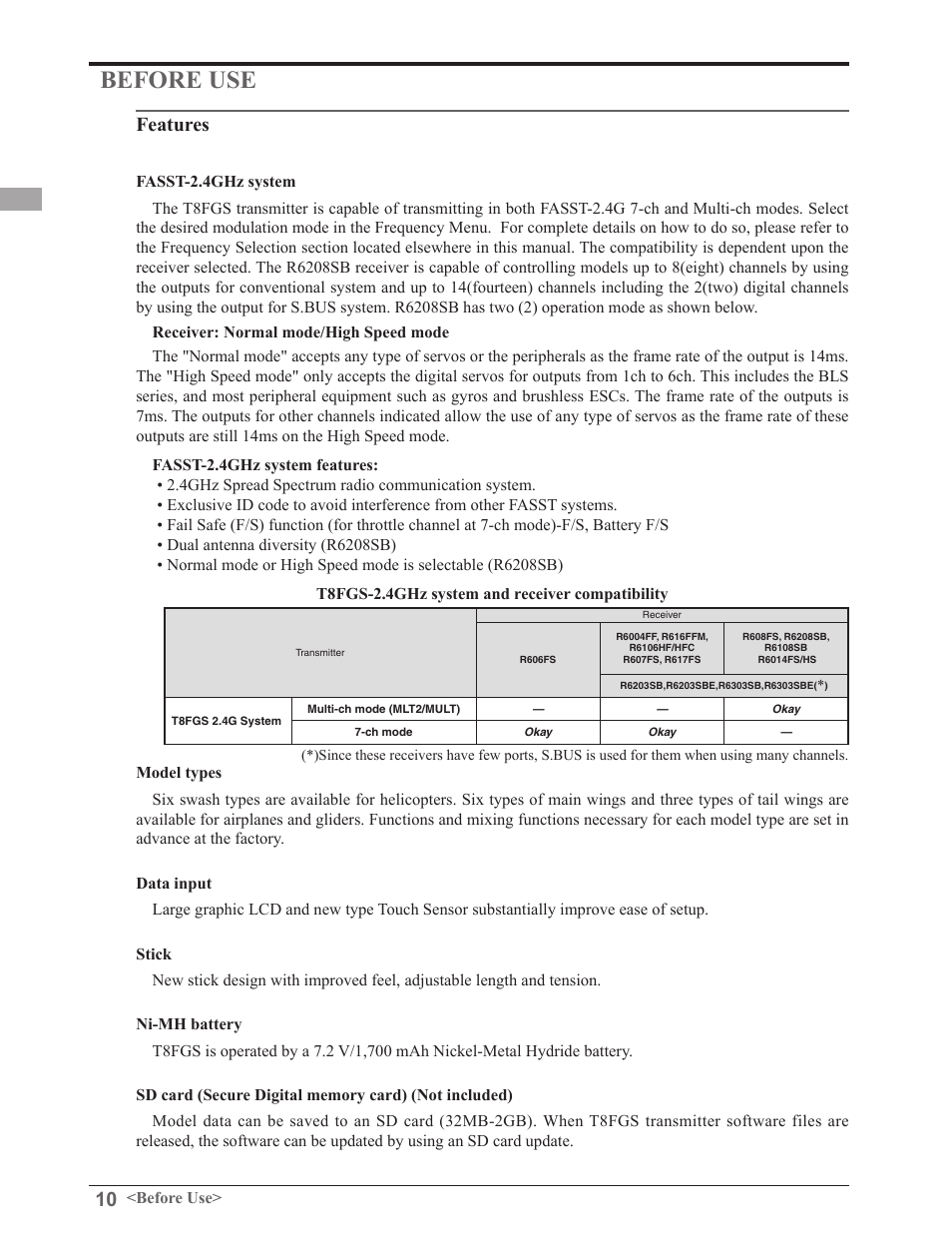 Before use, Features | Futaba 8FGAS, 8FGHS 2.4GHz User Manual | Page 10 / 139