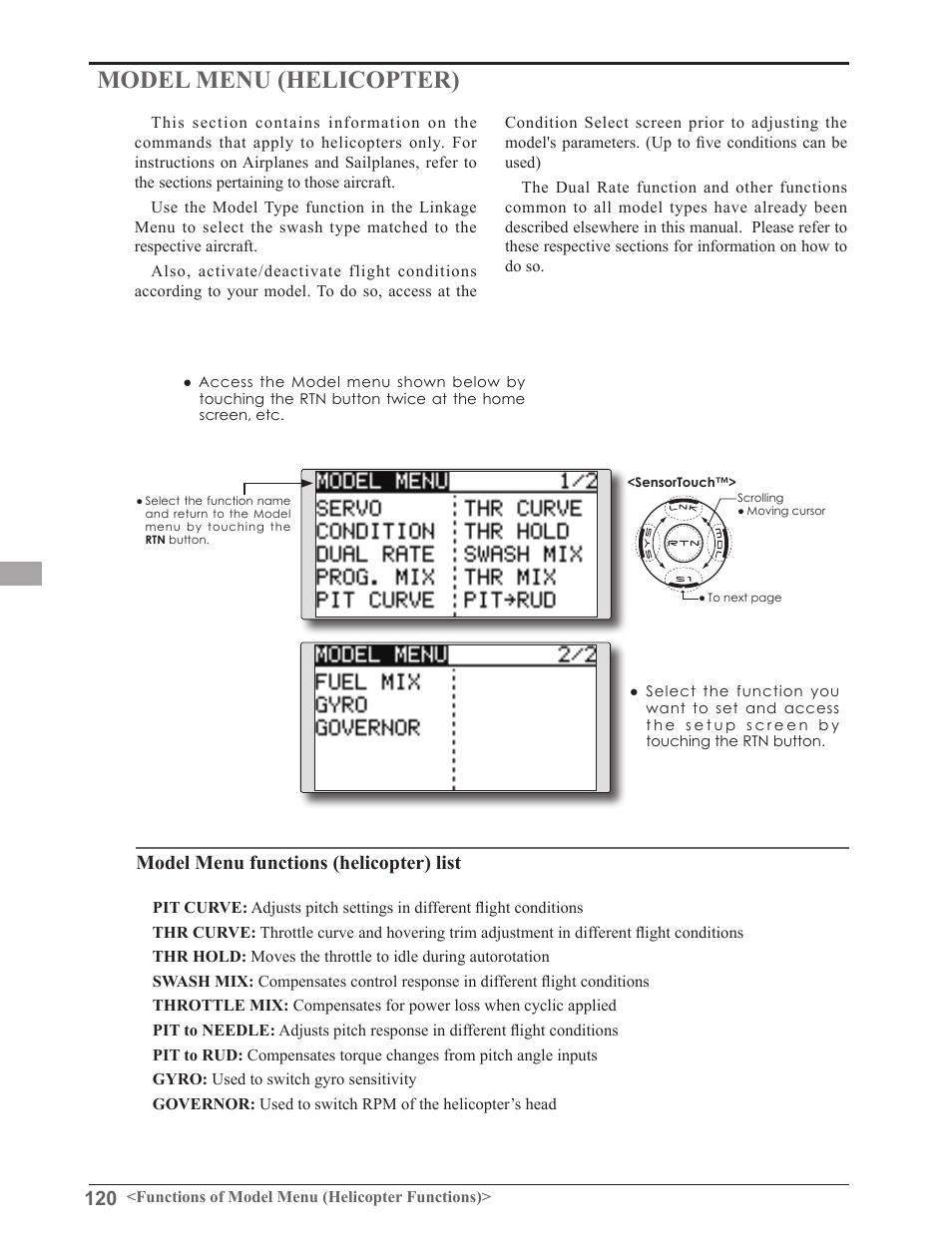 Model menu (helicopter), Model menu functions (helicopter) list | Futaba 8FGAS, 8FGHS 2.4GHz User Manual | Page 120 / 139