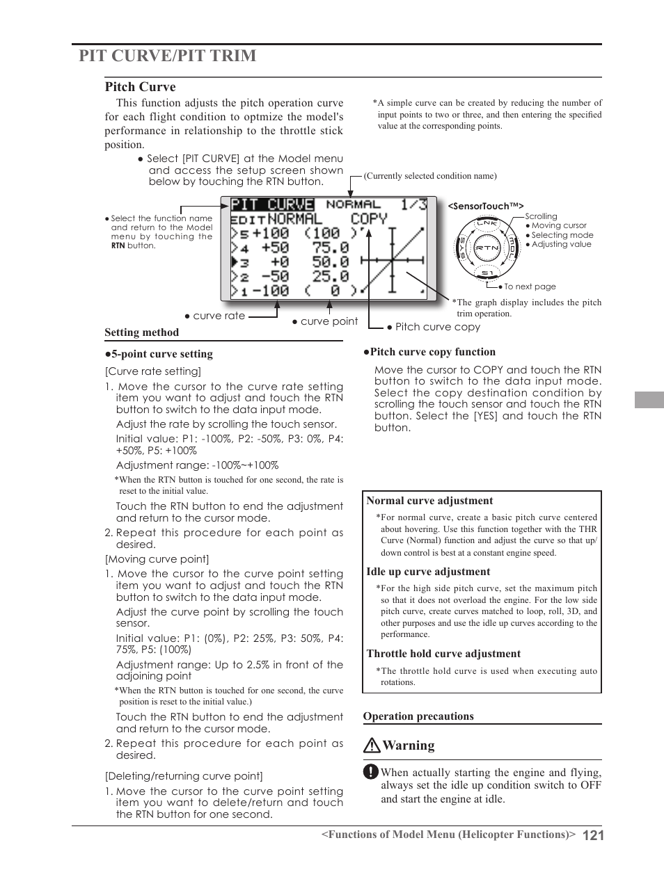 Pit curve/pit trim, Pitch curve, Warning | Futaba 8FGAS, 8FGHS 2.4GHz User Manual | Page 121 / 139