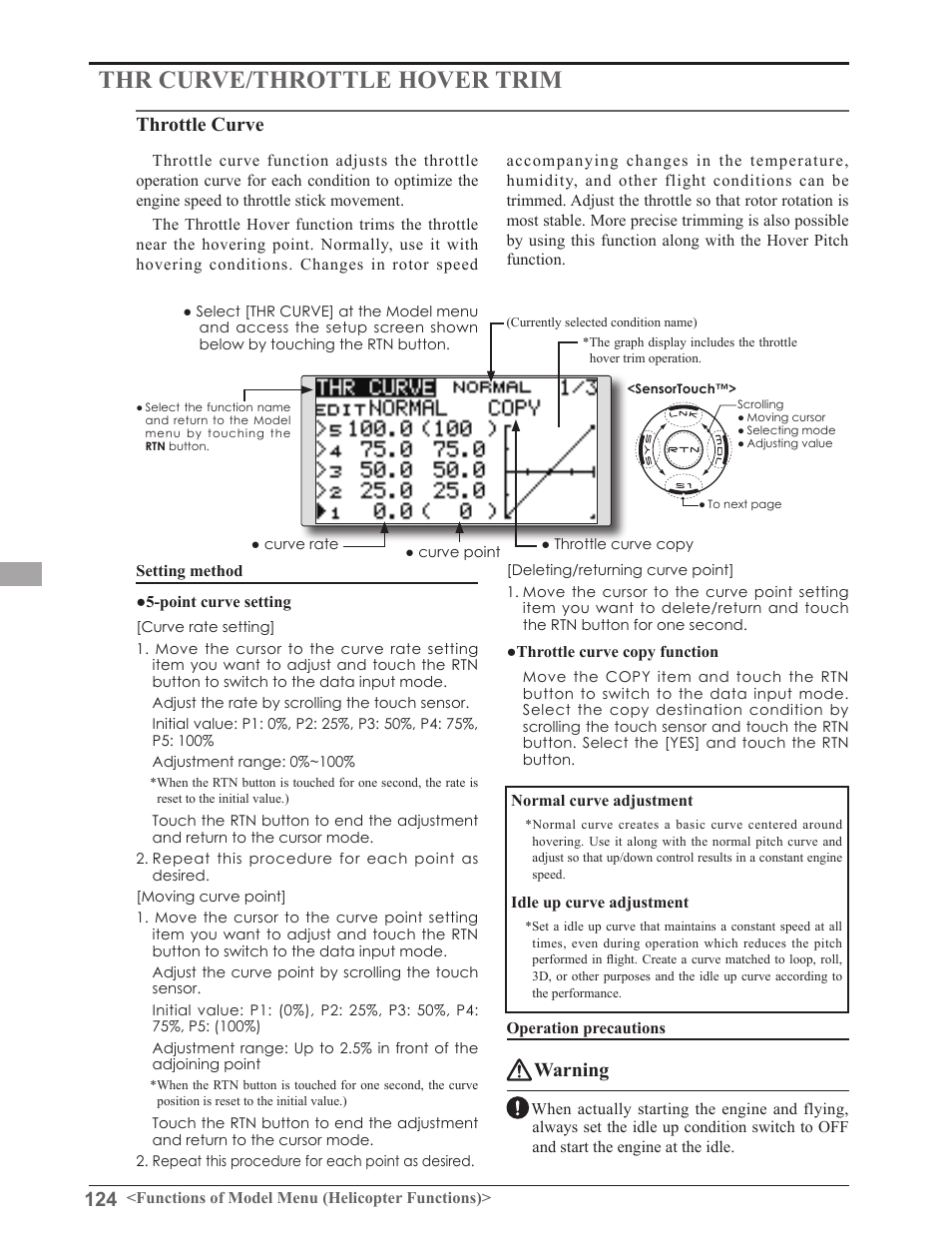 Thr curve/throttle hover trim, Throttle curve, Warning | Futaba 8FGAS, 8FGHS 2.4GHz User Manual | Page 124 / 139