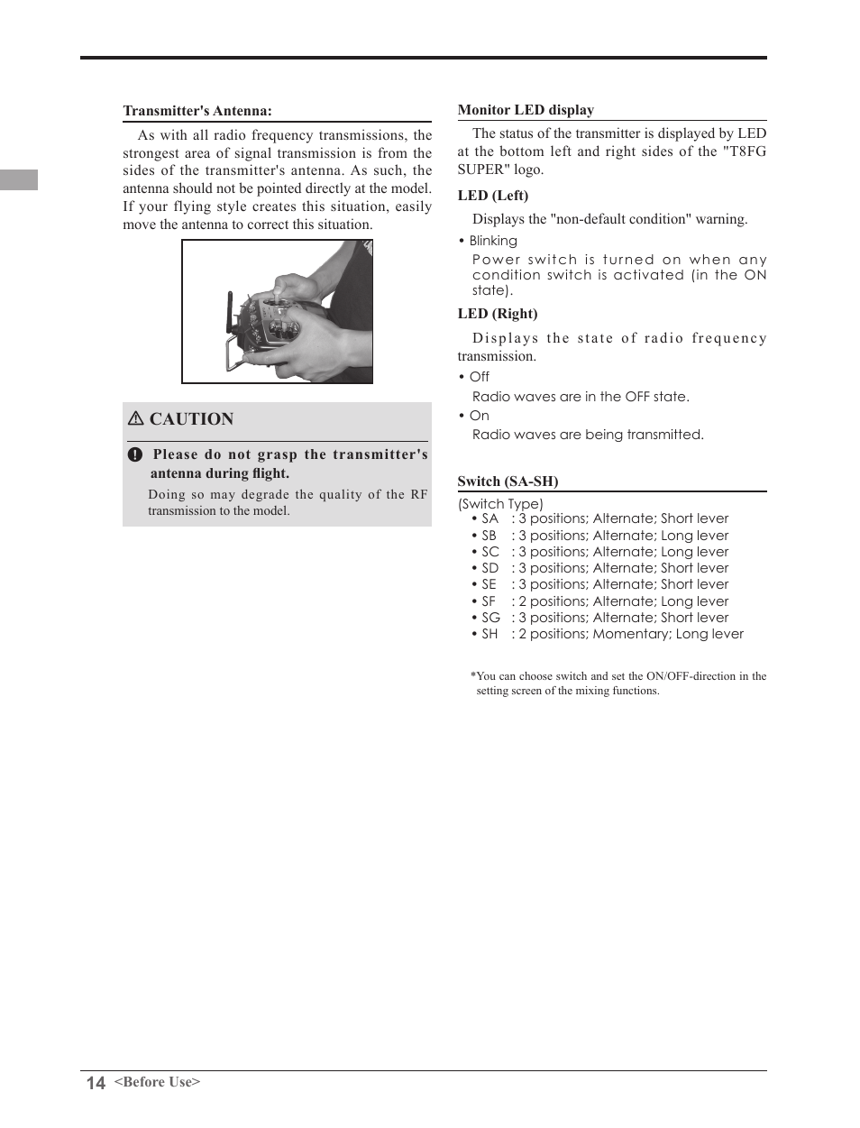 Caution | Futaba 8FGAS, 8FGHS 2.4GHz User Manual | Page 14 / 139
