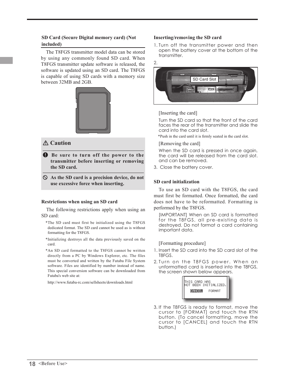 Caution | Futaba 8FGAS, 8FGHS 2.4GHz User Manual | Page 18 / 139