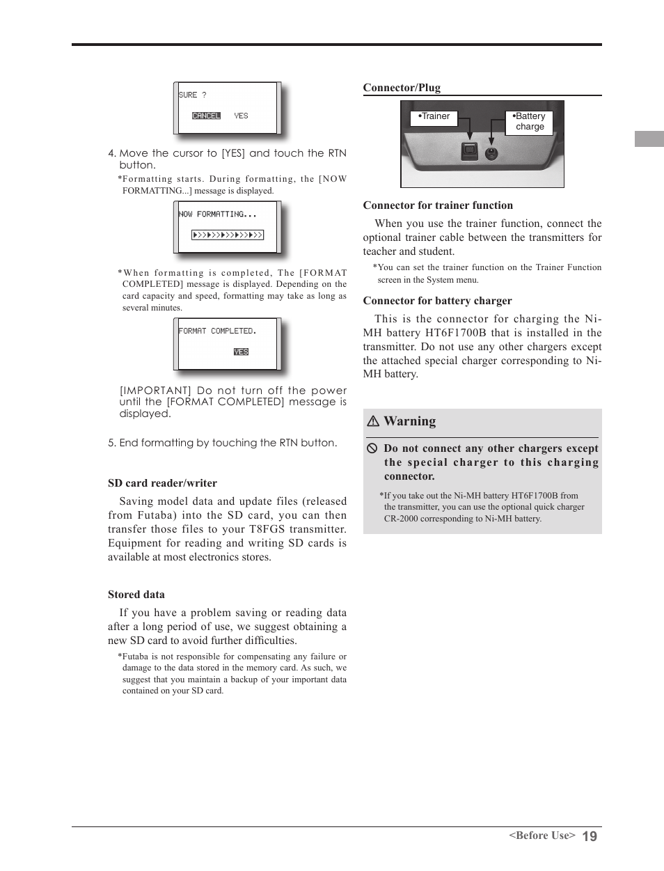 Warning | Futaba 8FGAS, 8FGHS 2.4GHz User Manual | Page 19 / 139