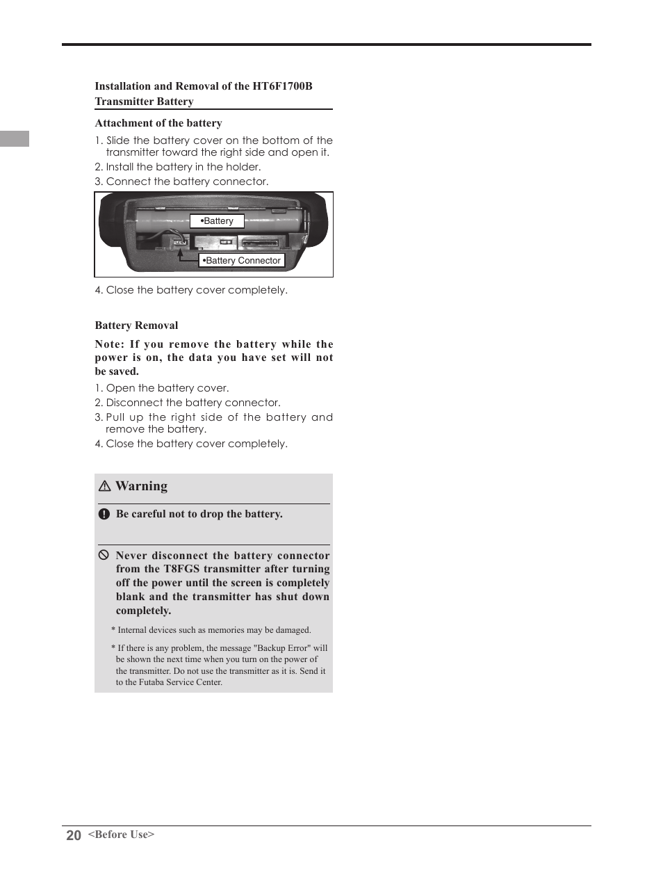 Warning | Futaba 8FGAS, 8FGHS 2.4GHz User Manual | Page 20 / 139