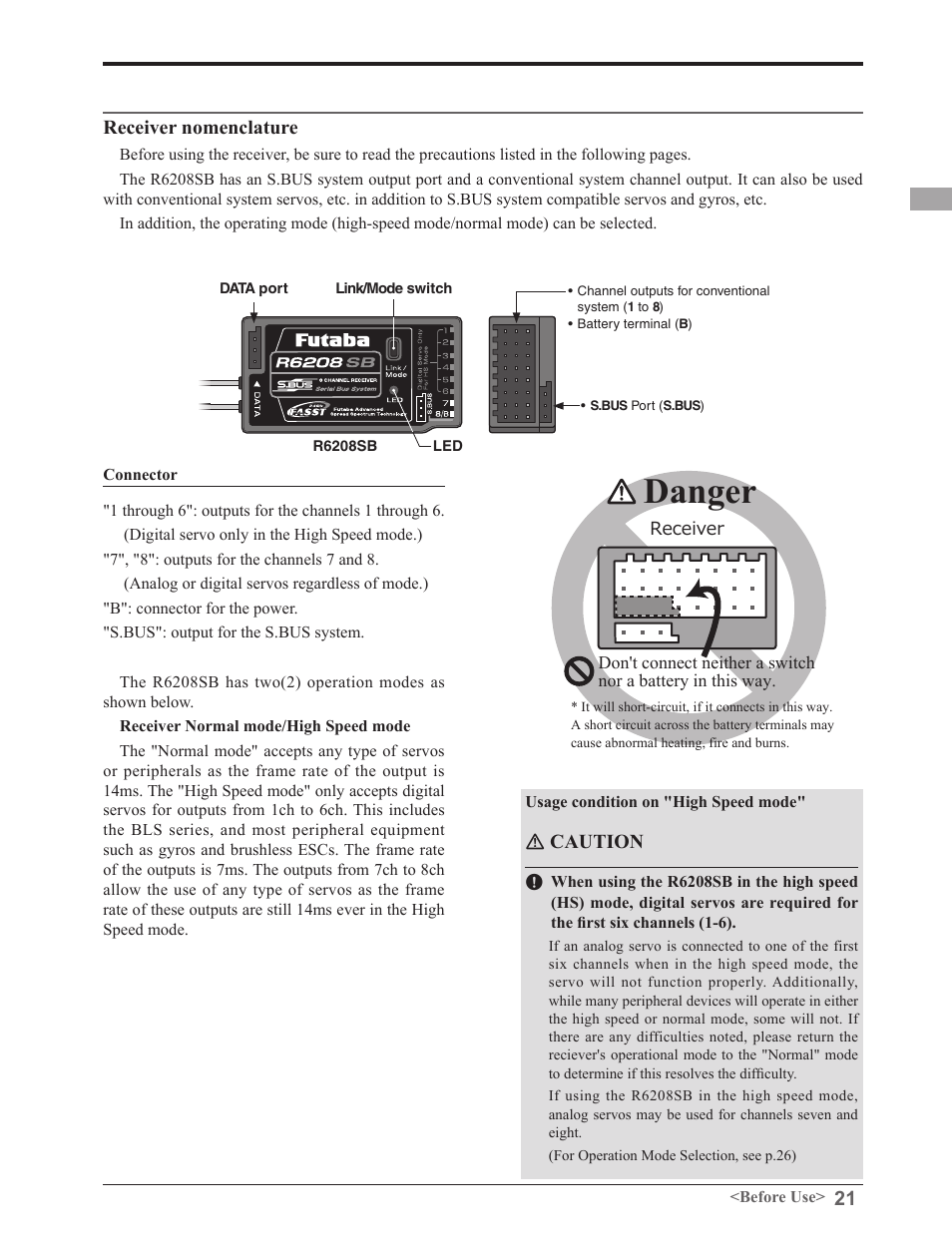 Danger, Receiver nomenclature, Caution | Futaba 8FGAS, 8FGHS 2.4GHz User Manual | Page 21 / 139