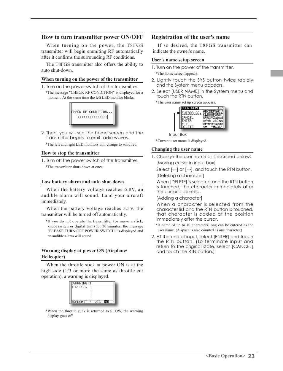 How to turn transmitter power on/off, Registration of the user's name | Futaba 8FGAS, 8FGHS 2.4GHz User Manual | Page 23 / 139