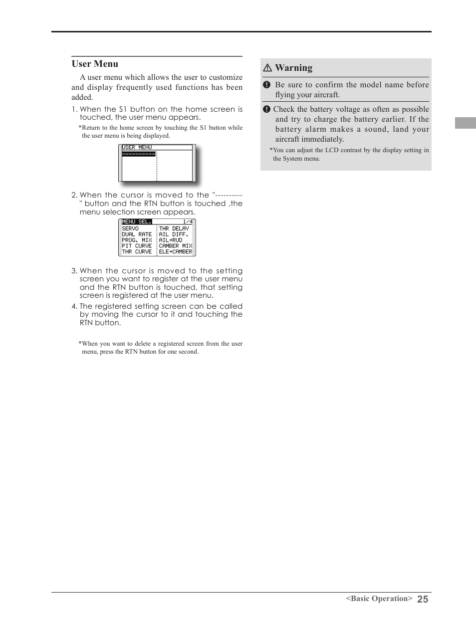 Warning, User menu | Futaba 8FGAS, 8FGHS 2.4GHz User Manual | Page 25 / 139