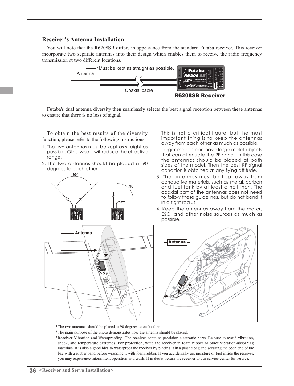 Receiver's antenna installation | Futaba 8FGAS, 8FGHS 2.4GHz User Manual | Page 36 / 139