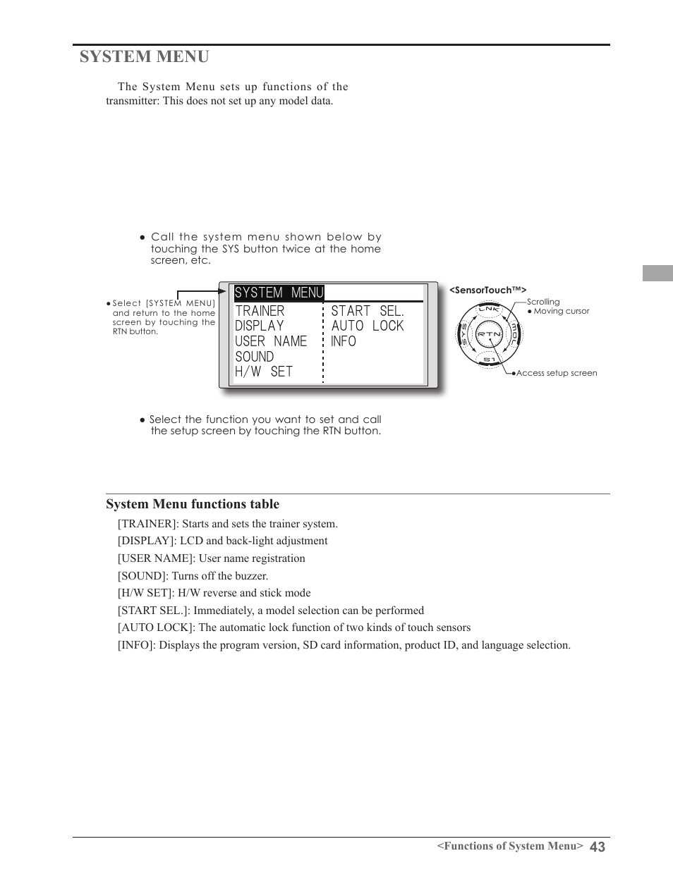 System menu, System menu functions table | Futaba 8FGAS, 8FGHS 2.4GHz User Manual | Page 43 / 139