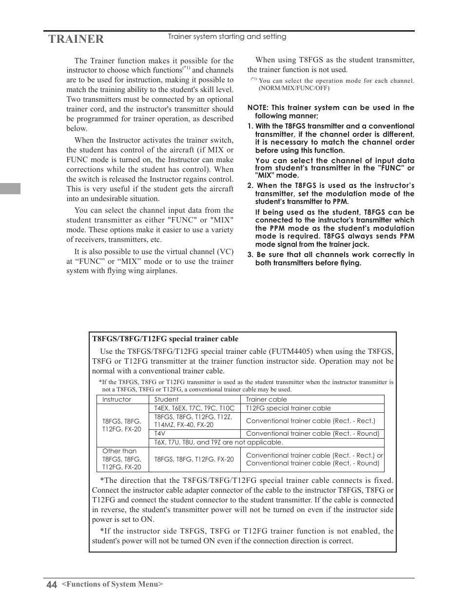 Trainer | Futaba 8FGAS, 8FGHS 2.4GHz User Manual | Page 44 / 139