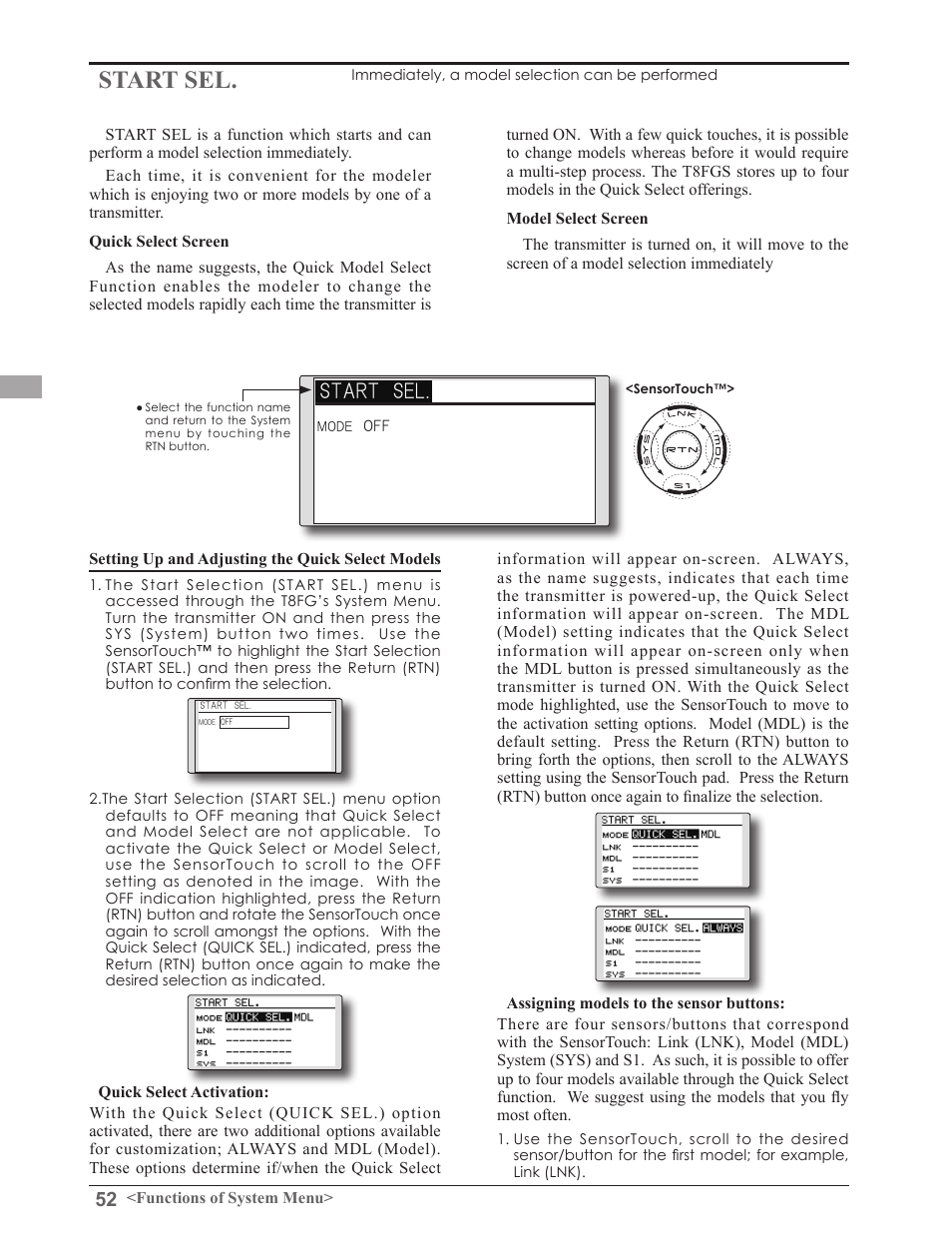 Start sel | Futaba 8FGAS, 8FGHS 2.4GHz User Manual | Page 52 / 139