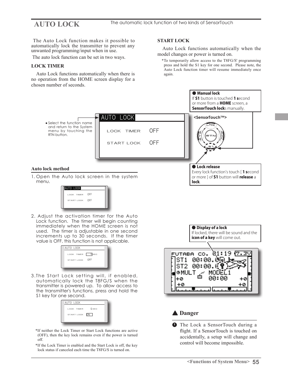 Auto lock, Danger | Futaba 8FGAS, 8FGHS 2.4GHz User Manual | Page 55 / 139