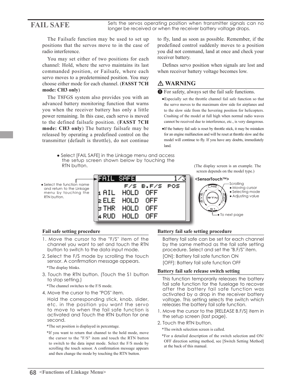 Fail safe, Warning | Futaba 8FGAS, 8FGHS 2.4GHz User Manual | Page 68 / 139