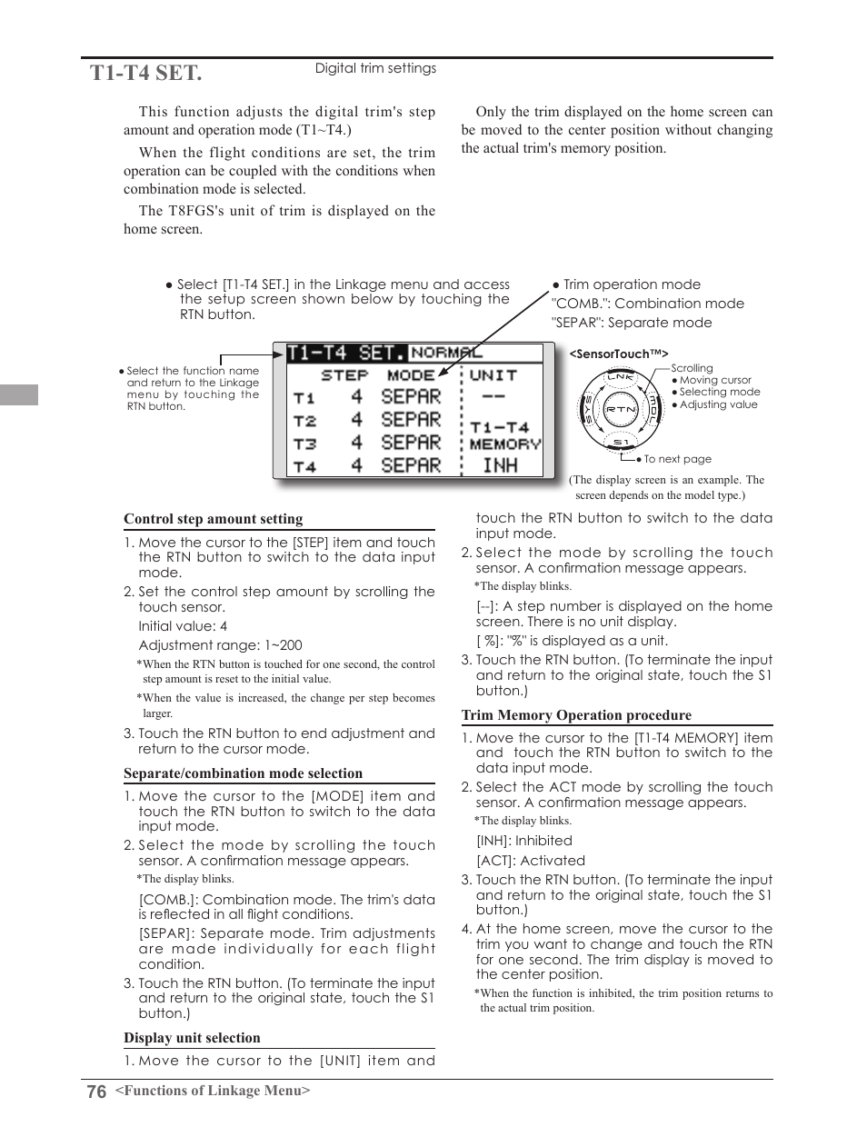 T1-t4 set | Futaba 8FGAS, 8FGHS 2.4GHz User Manual | Page 76 / 139