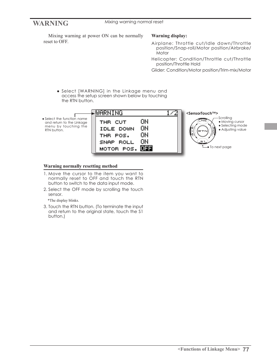 Warning | Futaba 8FGAS, 8FGHS 2.4GHz User Manual | Page 77 / 139