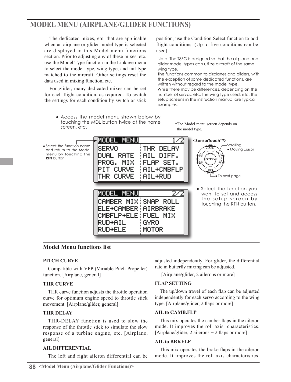 Model menu (airplane/glider functions), Model menu functions list | Futaba 8FGAS, 8FGHS 2.4GHz User Manual | Page 88 / 139