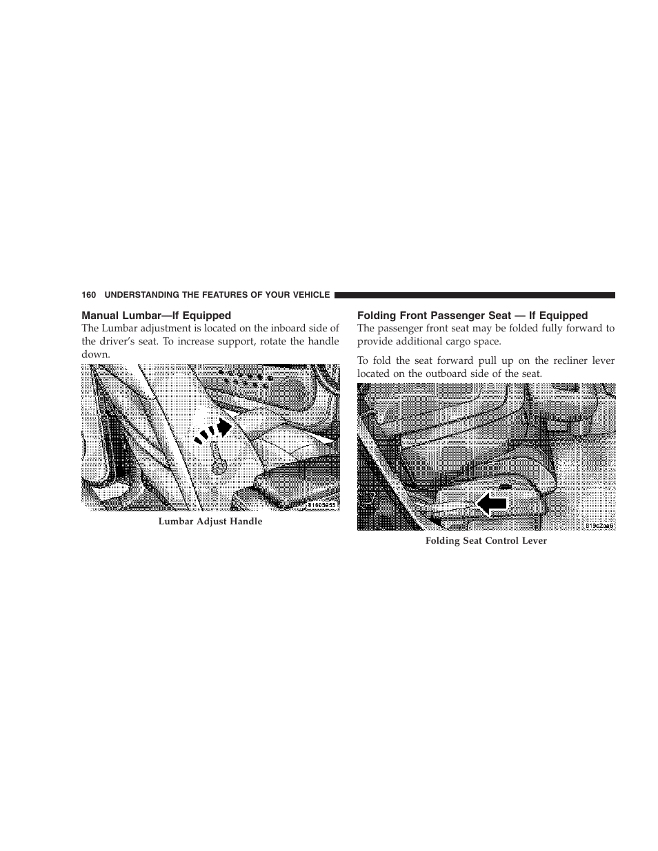 Manual lumbar—if equipped, Folding front passenger seat — if equipped | Chrysler 2007 PT Cruiser Convertible User Manual | Page 160 / 458