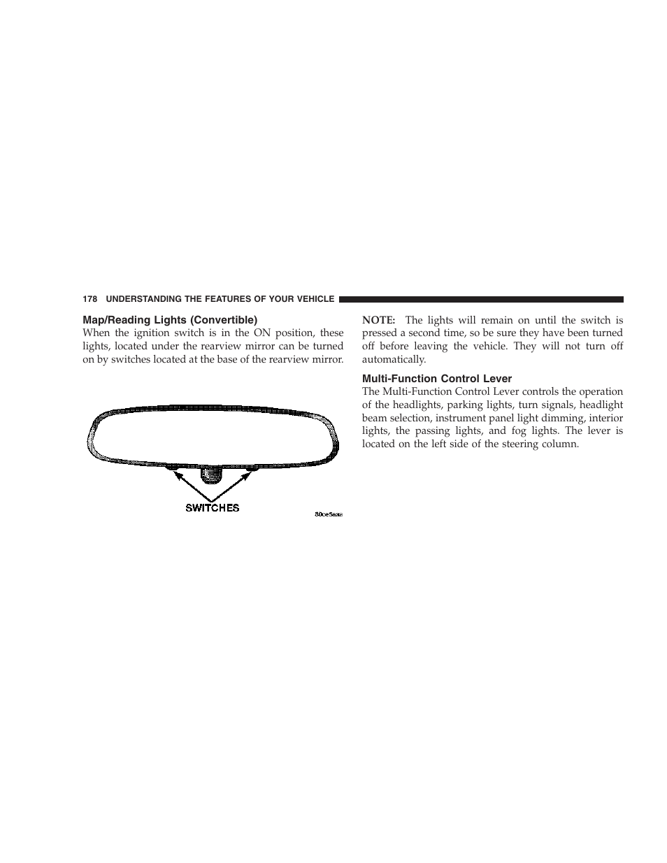 Map/reading lights (convertible), Multi-function control lever | Chrysler 2007 PT Cruiser Convertible User Manual | Page 178 / 458