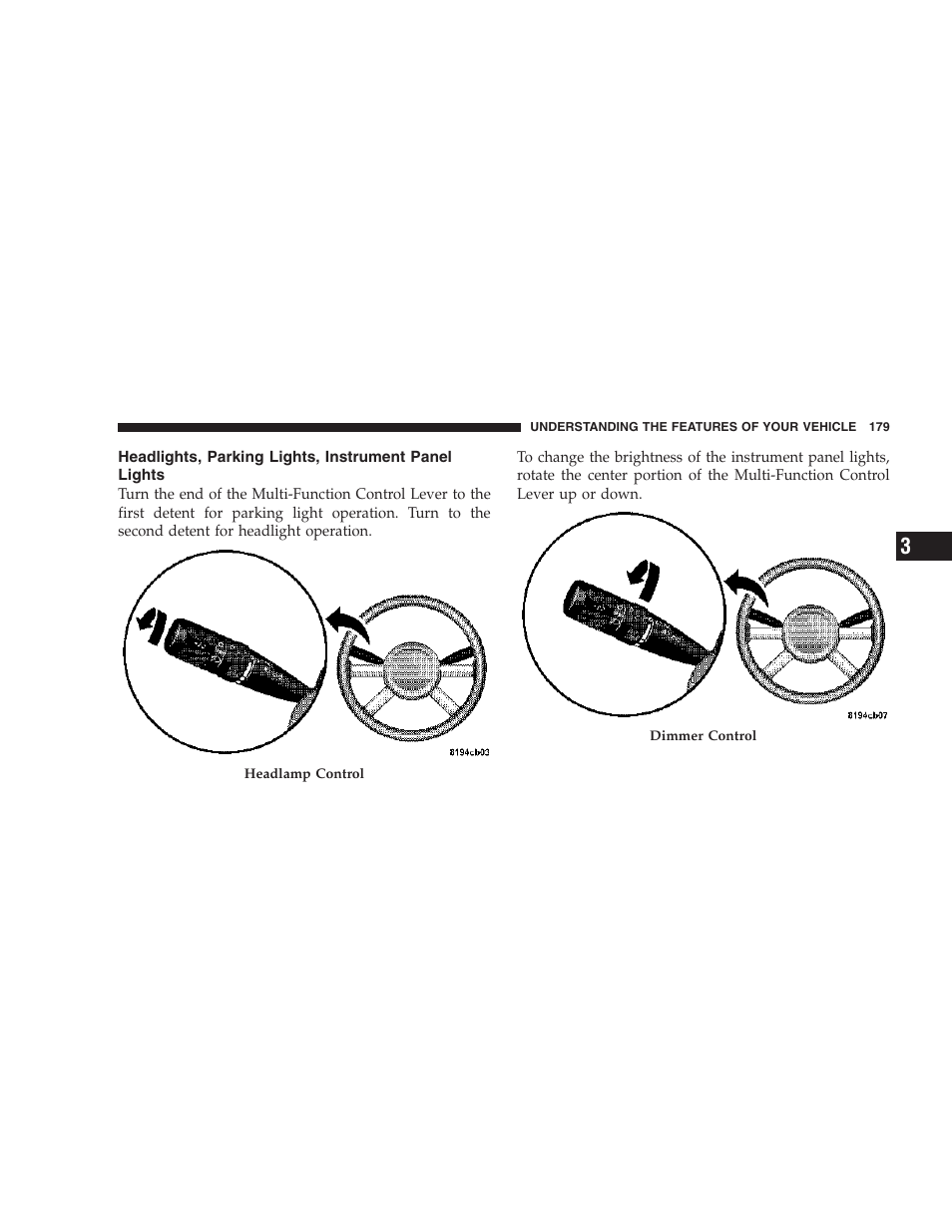 Headlights, parking lights, instrument panel, Lights | Chrysler 2007 PT Cruiser Convertible User Manual | Page 179 / 458