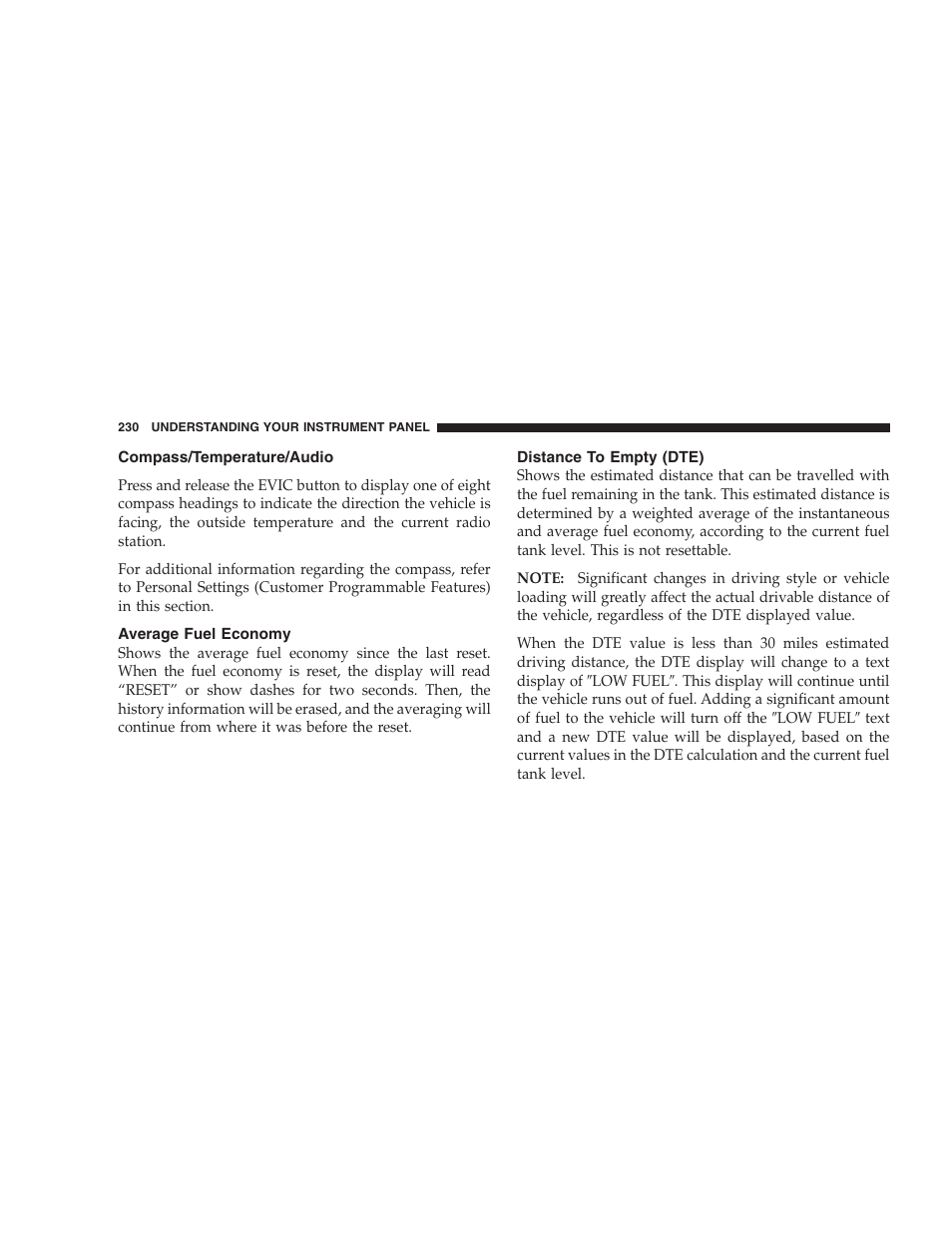 Compass/temperature/audio, Average fuel economy, Distance to empty (dte) | Chrysler 2007 PT Cruiser Convertible User Manual | Page 230 / 458