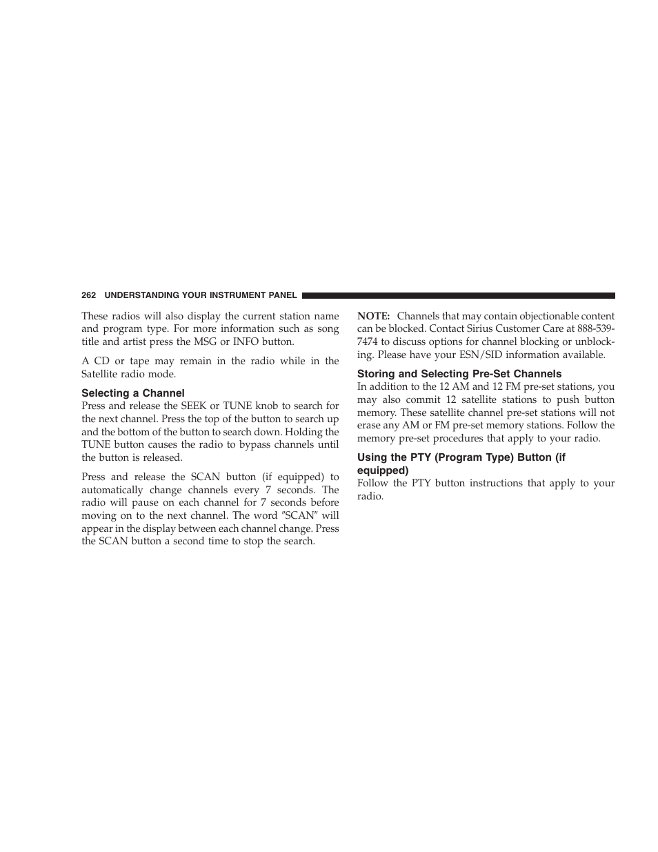 Selecting a channel, Storing and selecting pre-set channels, Using the pty (program type) button | If equipped) | Chrysler 2007 PT Cruiser Convertible User Manual | Page 262 / 458