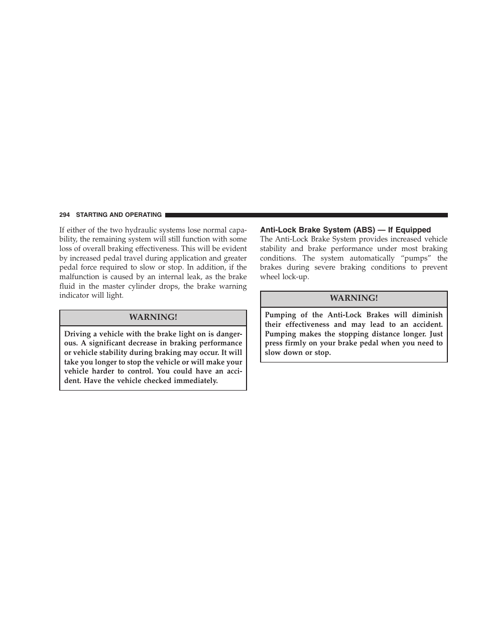 Anti-lock brake system (abs), If equipped | Chrysler 2007 PT Cruiser Convertible User Manual | Page 294 / 458