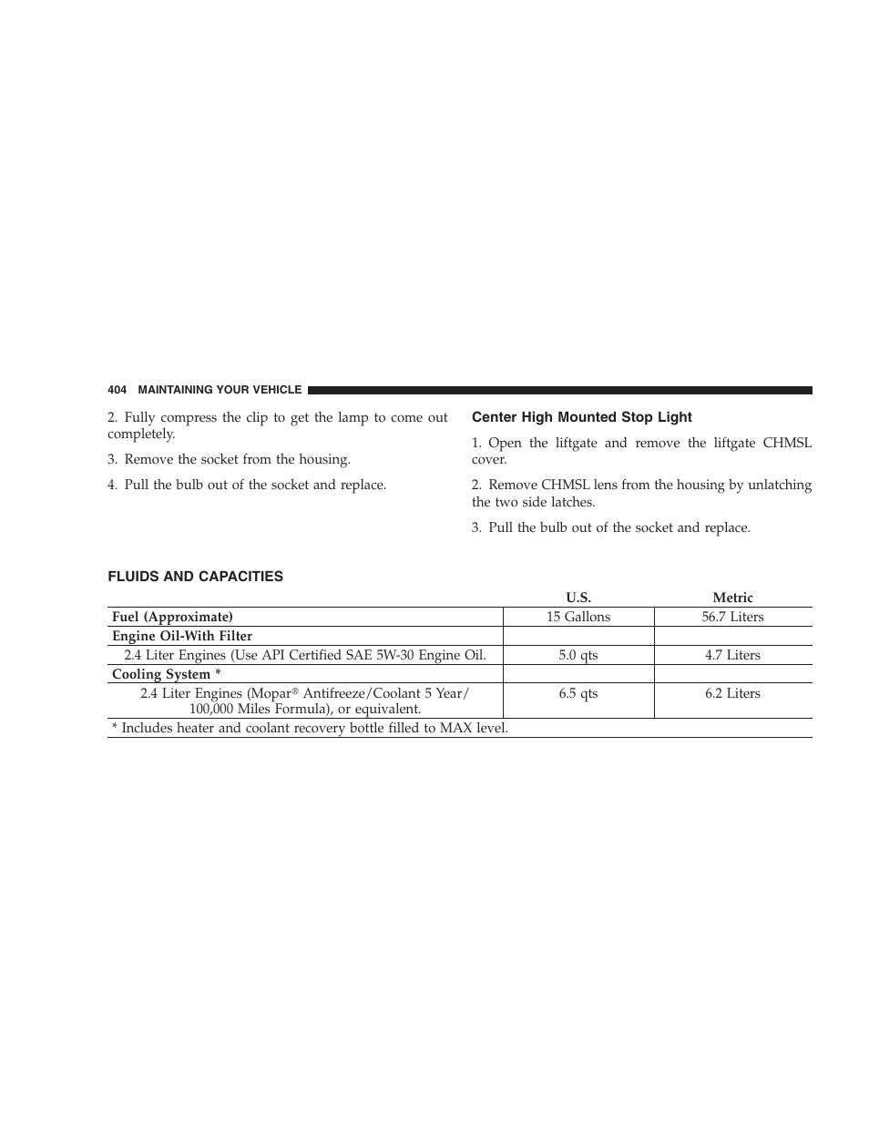 Center high mounted stop light, Fluids and capacities | Chrysler 2007 PT Cruiser Convertible User Manual | Page 404 / 458