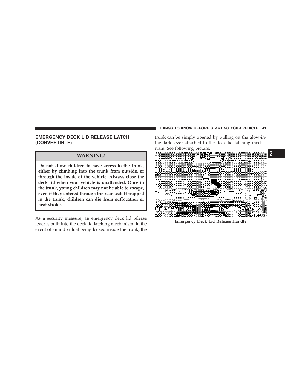 Emergency deck lid release latch, Convertible) | Chrysler 2007 PT Cruiser Convertible User Manual | Page 41 / 458