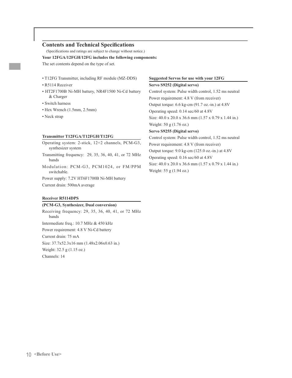 Rqwhqwvdqg7hfkqlfdo6shfl¿fdwlrqv | Futaba 12FG User Manual | Page 10 / 127