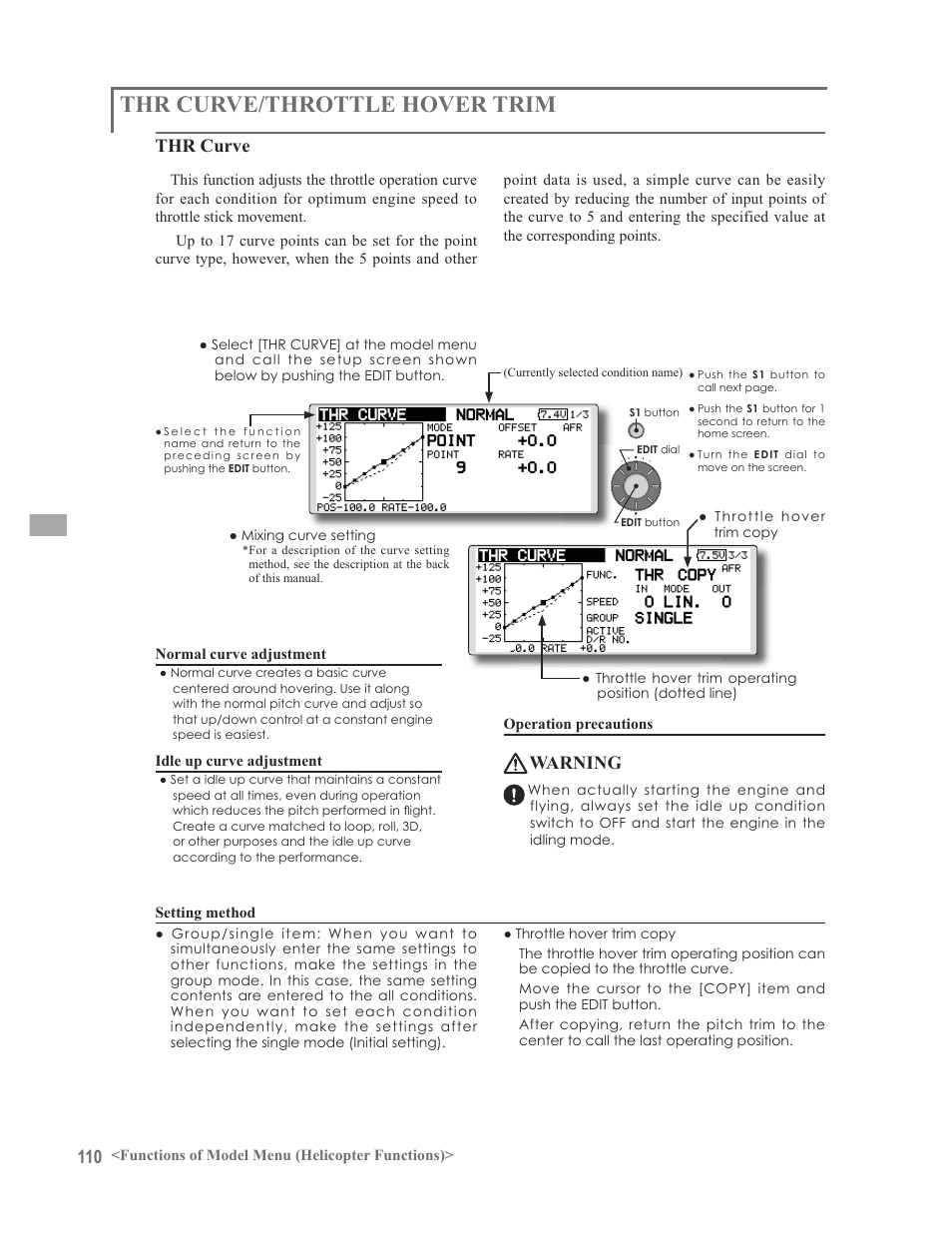 Thr curve/throttle hover trim, Thr curve, Warning | Futaba 12FG User Manual | Page 110 / 127