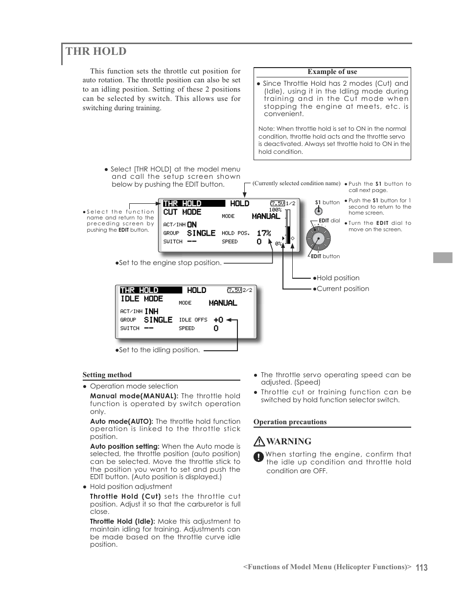 Thr hold, Warning | Futaba 12FG User Manual | Page 113 / 127