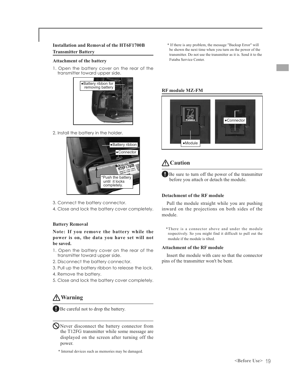 Warning, Caution | Futaba 12FG User Manual | Page 19 / 127