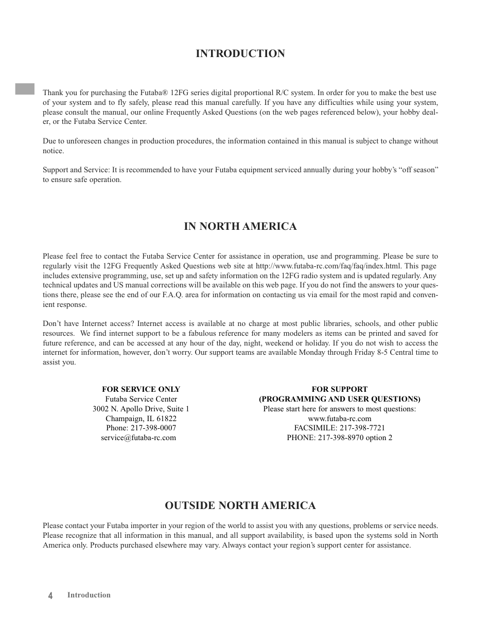 Introduction, Outside north america | Futaba 12FG User Manual | Page 4 / 127