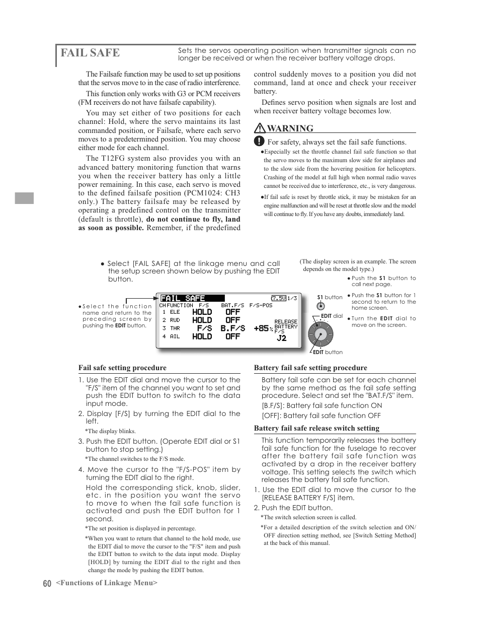 Fail safe, Warning | Futaba 12FG User Manual | Page 60 / 127