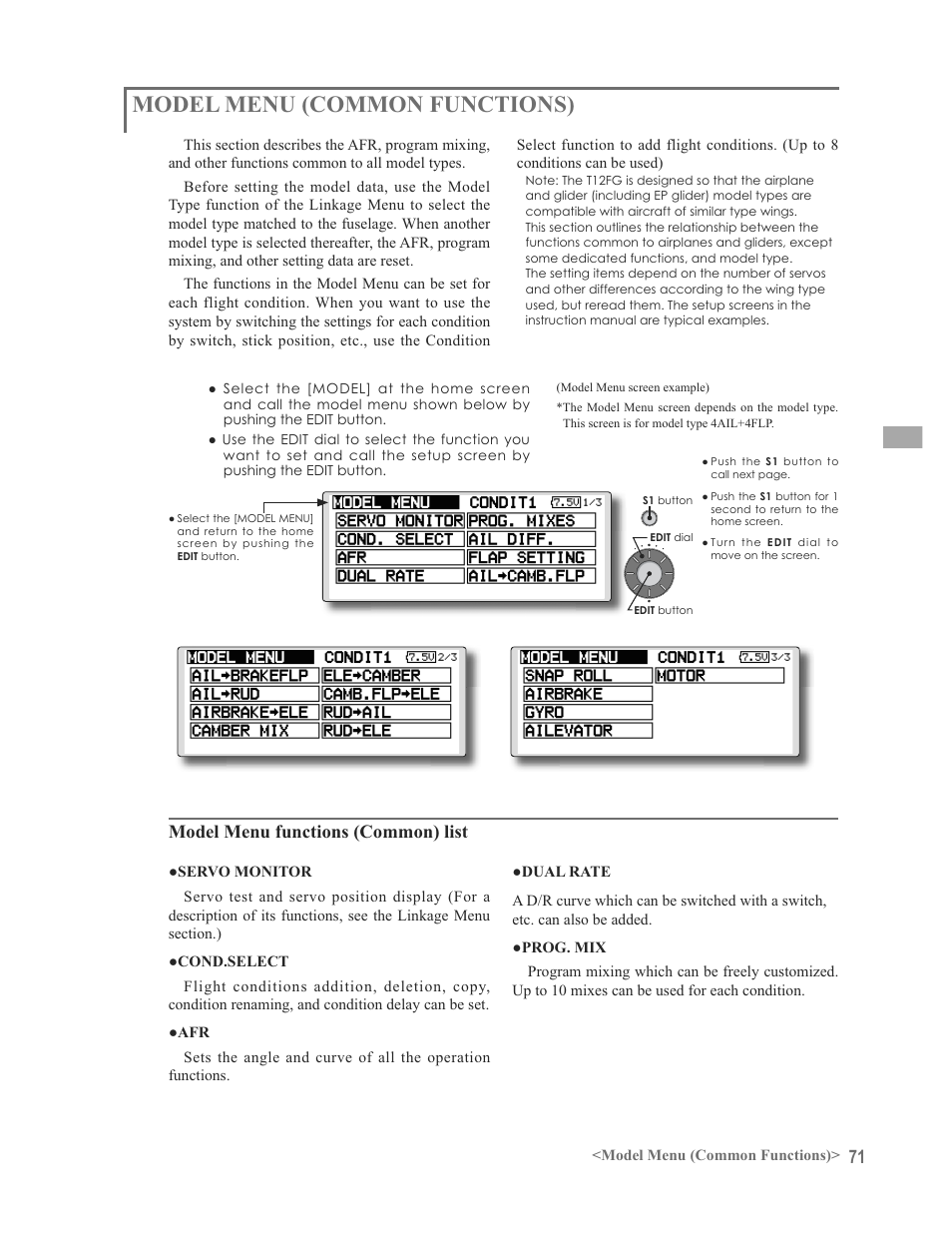 Model menu (common functions), Model menu functions (common) list | Futaba 12FG User Manual | Page 71 / 127