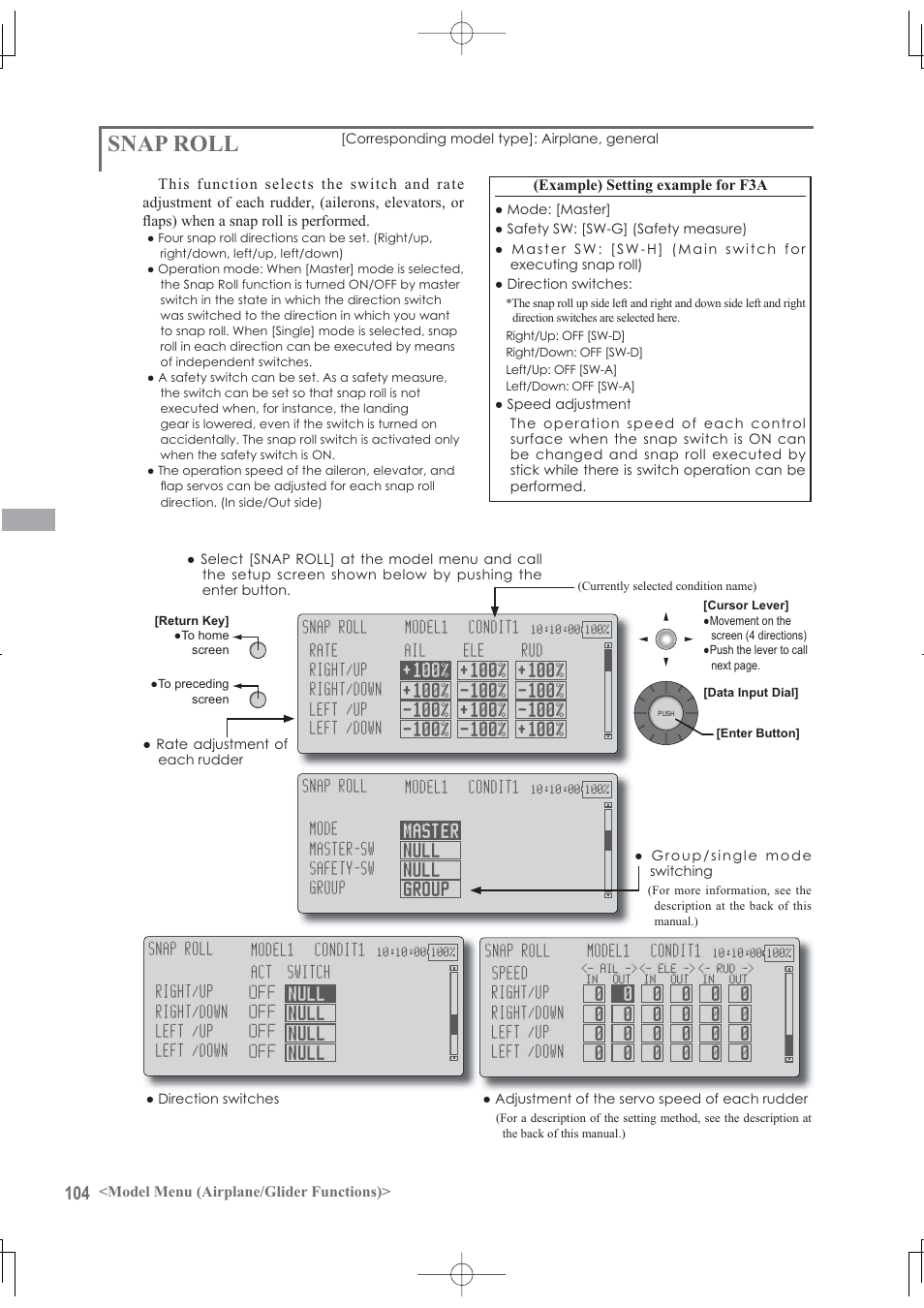 Snap roll, Model menu (airplane/glider functions), Example) setting example for f3a | Futaba 12Z User Manual | Page 104 / 127