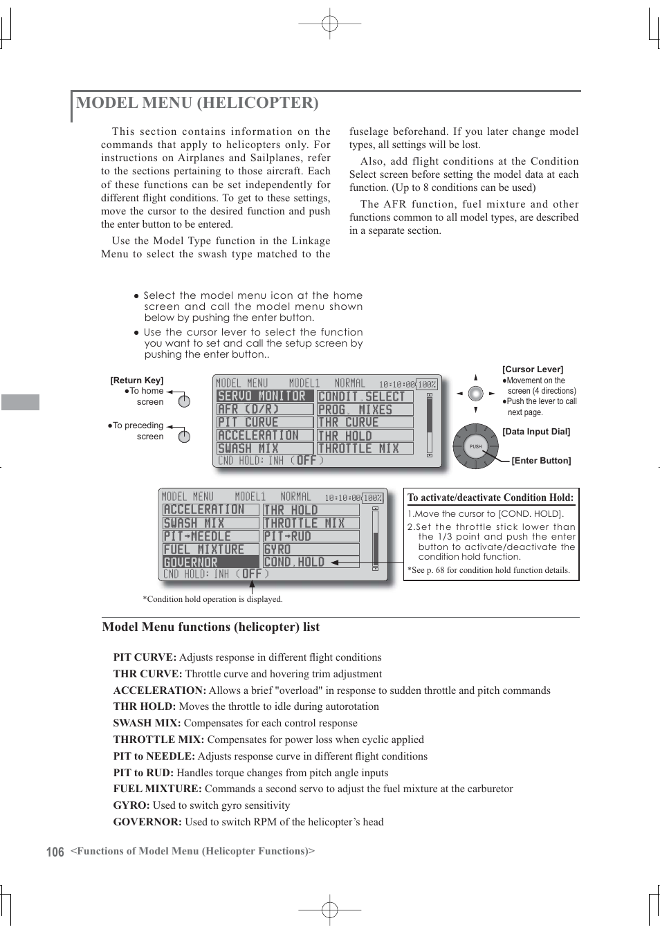 Model menu (helicopter), Model menu functions (helicopter) list | Futaba 12Z User Manual | Page 106 / 127