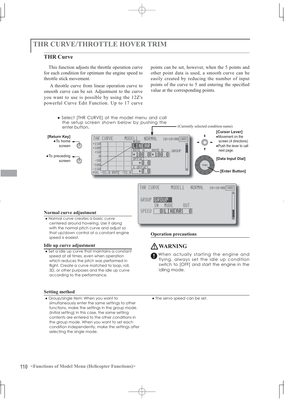 Thr curve/throttle hover trim, Thr curve, Warning | Functions of model menu (helicopter functions), Idle up curve adjustment, Operation precautions, Setting method | Futaba 12Z User Manual | Page 110 / 127