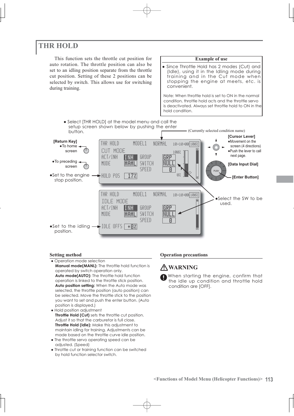 Thr hold, Warning | Futaba 12Z User Manual | Page 113 / 127