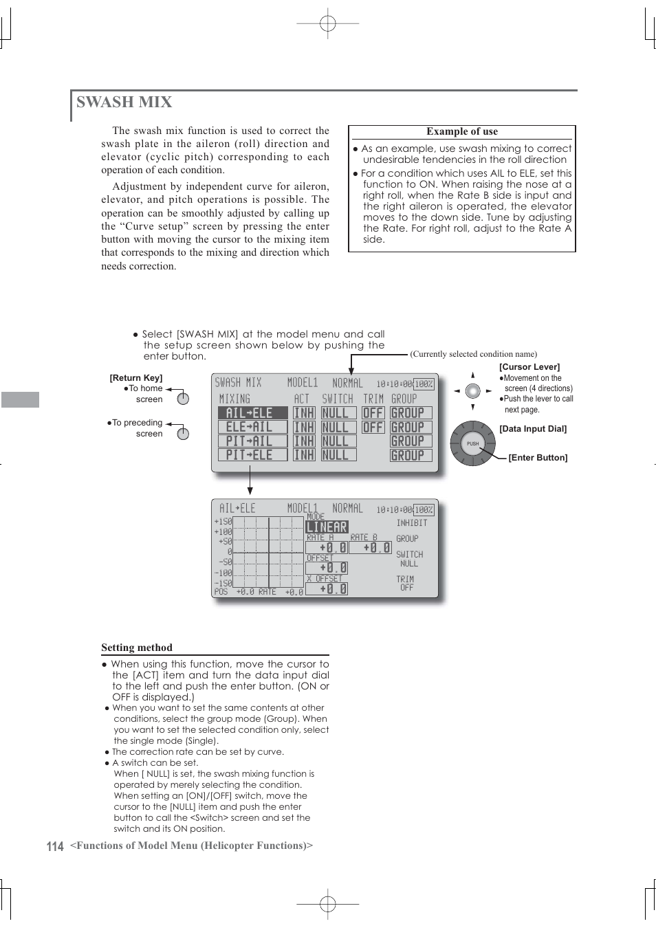 Swash mix, Functions of model menu (helicopter functions), Setting method | Futaba 12Z User Manual | Page 114 / 127