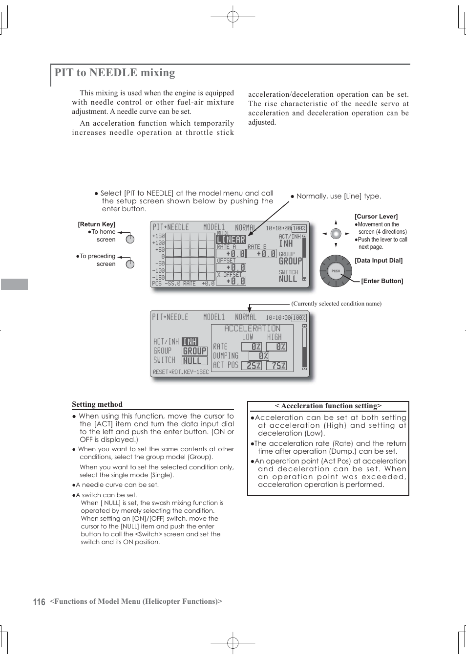 Pit to needle mixing, Functions of model menu (helicopter functions), Acceleration function setting | Futaba 12Z User Manual | Page 116 / 127