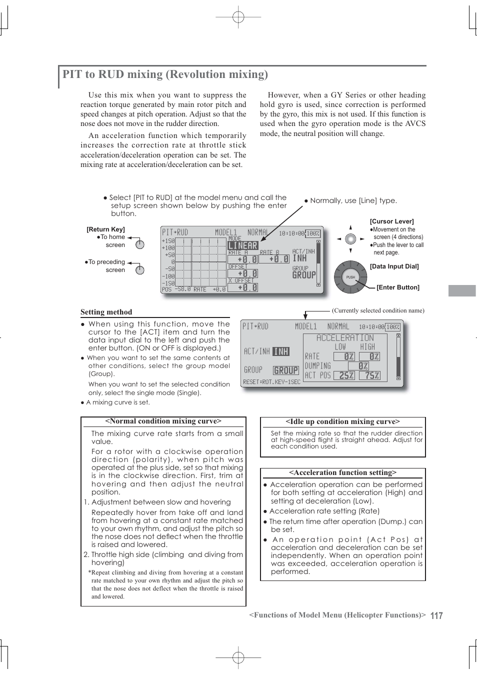 Pit to rud mixing (revolution mixing), Functions of model menu (helicopter functions), Normal condition mixing curve | Acceleration function setting | Futaba 12Z User Manual | Page 117 / 127