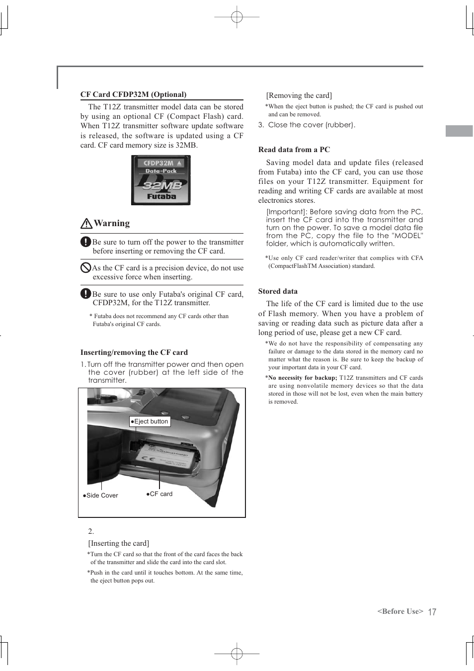 Warning | Futaba 12Z User Manual | Page 17 / 127