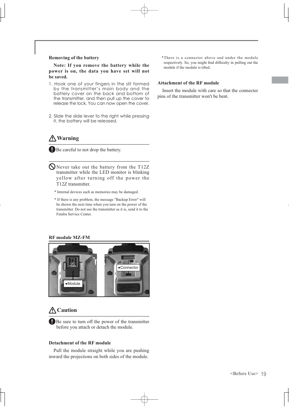 Warning, Caution | Futaba 12Z User Manual | Page 19 / 127