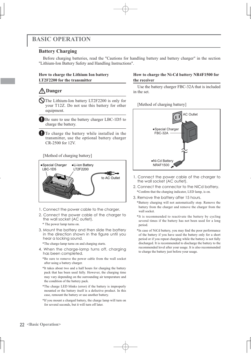 Basic operation, Danger, Battery charging | Futaba 12Z User Manual | Page 22 / 127