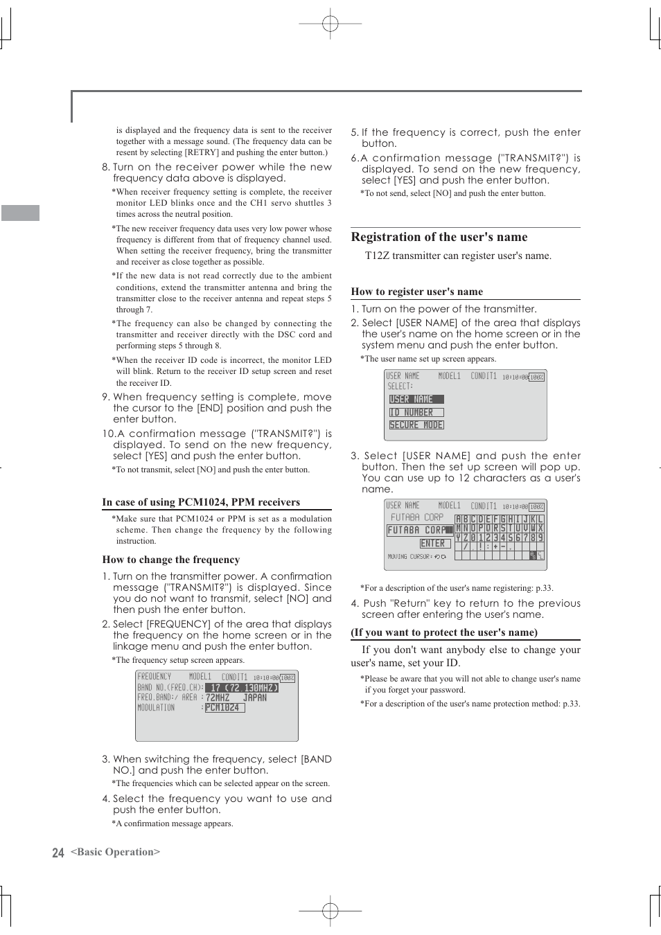 Registration of the user's name, Basic operation, How to change the frequency | Futaba 12Z User Manual | Page 24 / 127