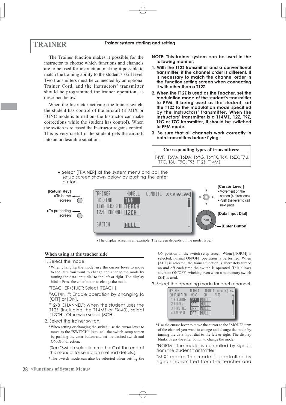 Trainer, Functions of system menu, When using at the teacher side | Corresponding types of transmitters | Futaba 12Z User Manual | Page 28 / 127