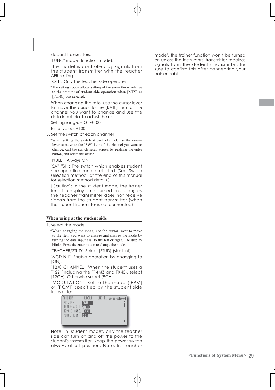 Functions of system menu, When using at the student side | Futaba 12Z User Manual | Page 29 / 127